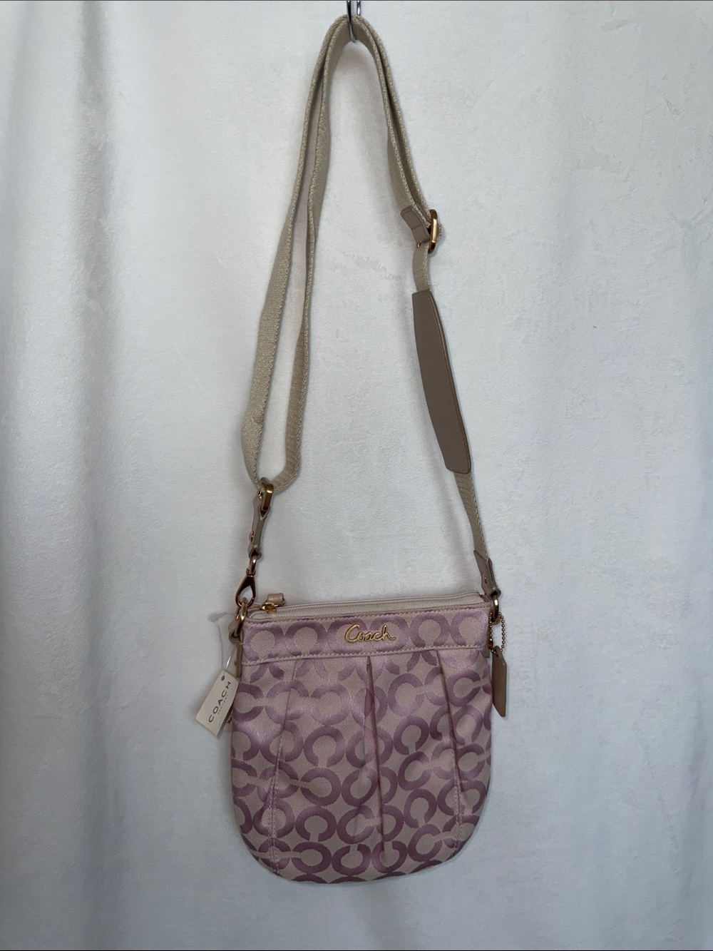 Coach Pink Signature Crossbody with Beige Strap and Gold-Rose Gold hardware